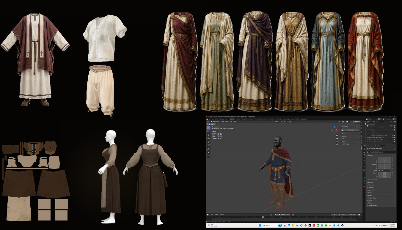 Visara clothing, costume, garment, texture, and 3D character asset development collage