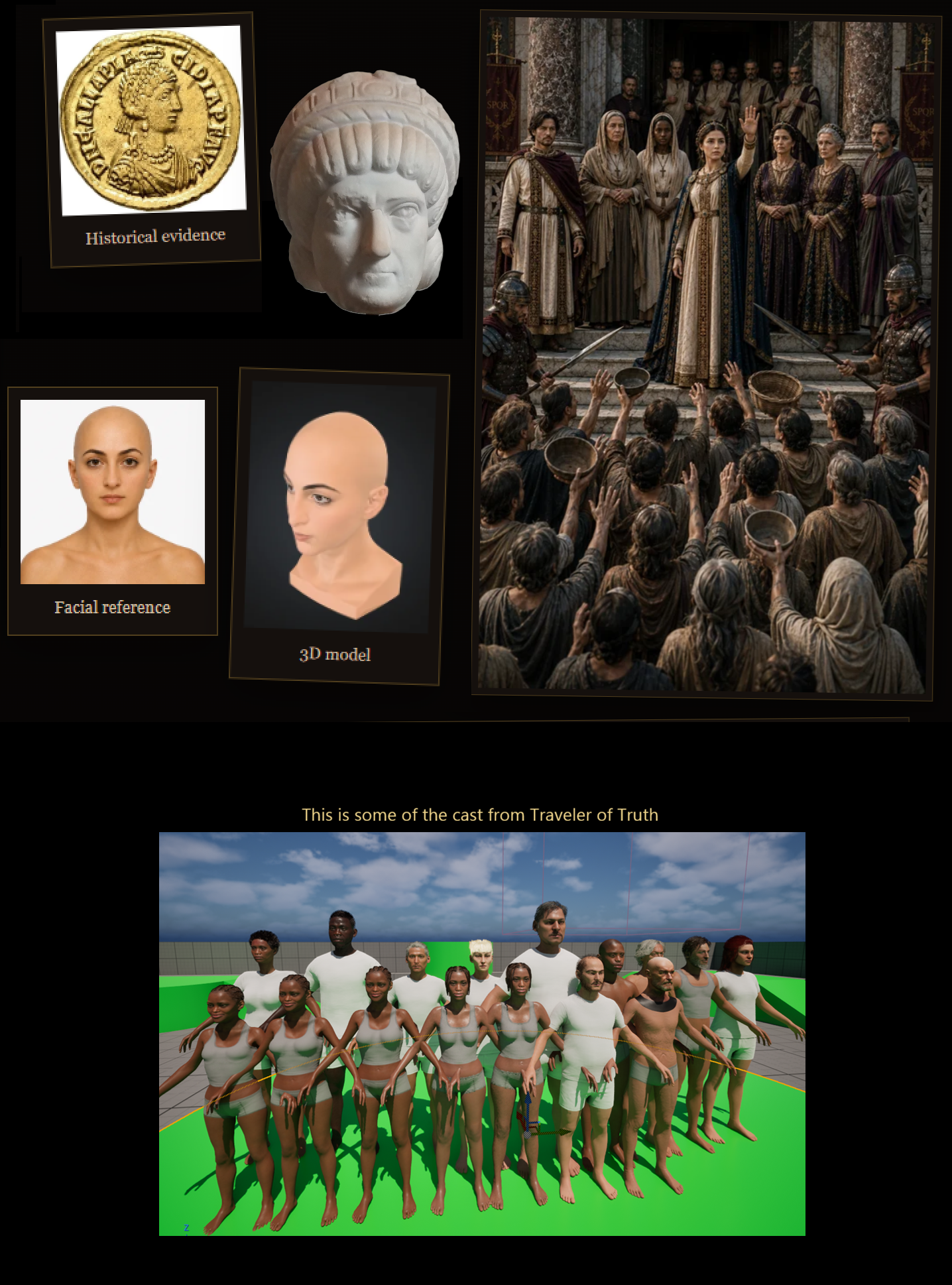 Galla Placidia historical evidence, facial reference, 3D model, and scene reconstruction collage