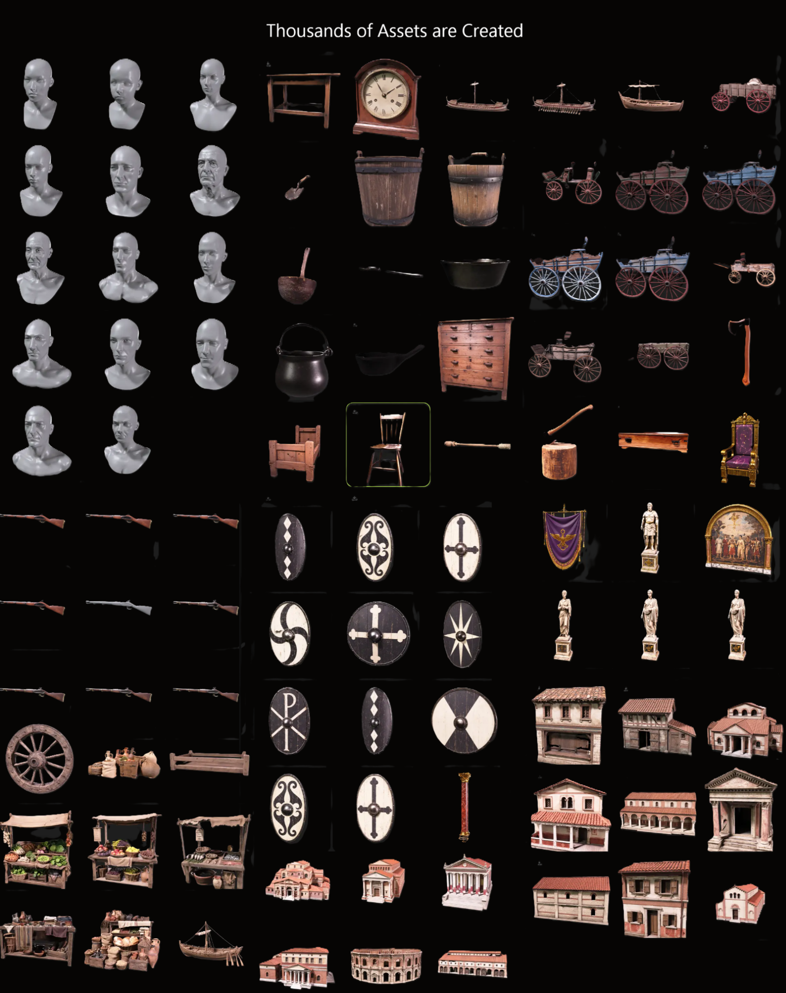 Thousands of Visara 3D assets including faces, furniture, vehicles, shields, weapons, buildings, market stalls, and props